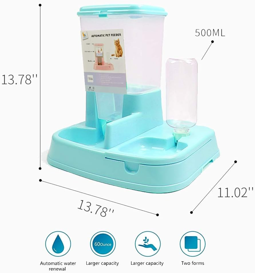 2-In-1 Pet Automatic Feeder Dog Food Water Dispensers with Large Capacity Food Container Gravity Water Bottle (Blue)