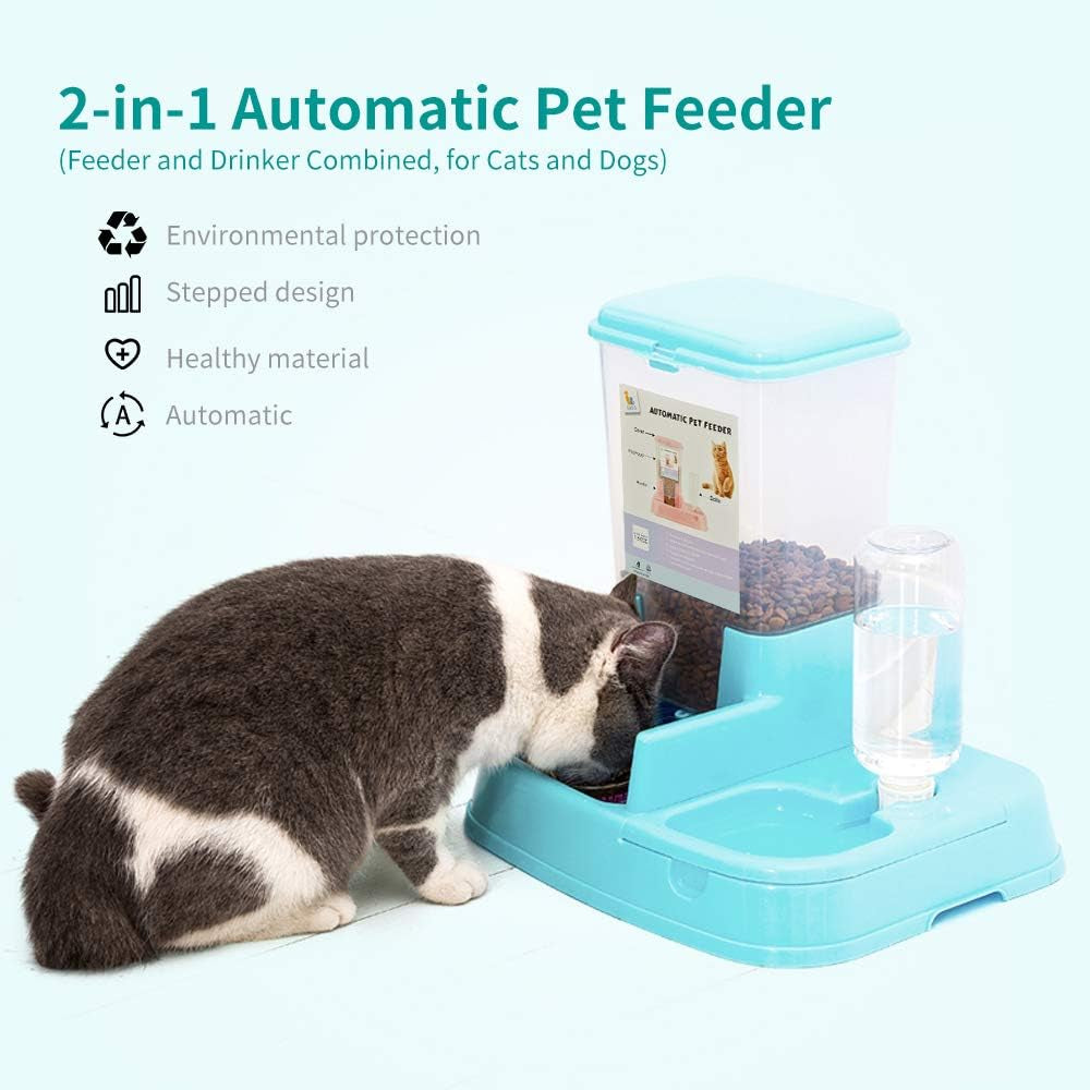 2-In-1 Pet Automatic Feeder Dog Food Water Dispensers with Large Capacity Food Container Gravity Water Bottle (Blue)