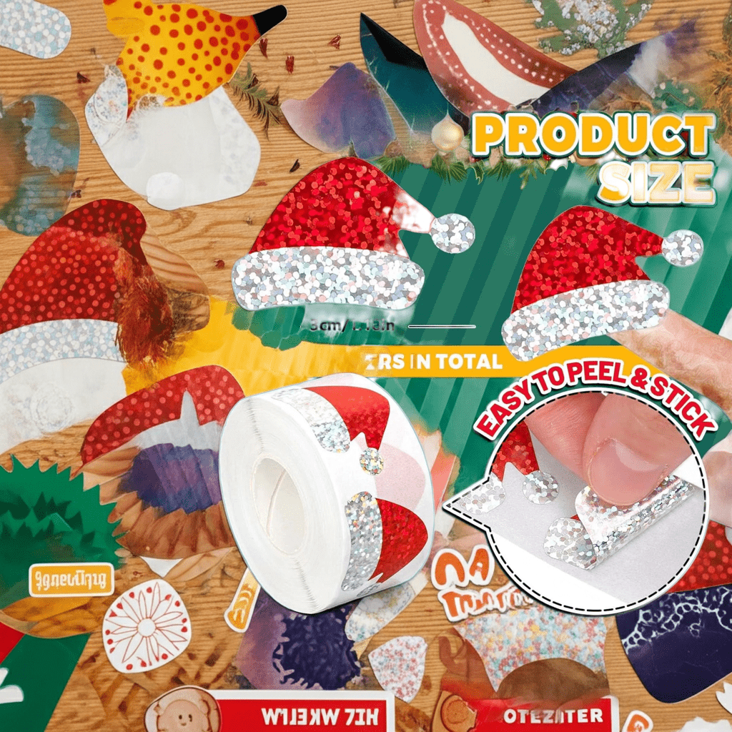 500 Adesivi Natalizi a Rotolo – Cappello di Babbo Natale, Laser Rosso, 3 cm – Stickers per Buste, Diario, Decorazioni e Feste - Smart Wave store