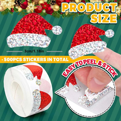 500 Adesivi Natalizi a Rotolo – Cappello di Babbo Natale, Laser Rosso, 3 cm – Stickers per Buste, Diario, Decorazioni e Feste - Smart Wave store