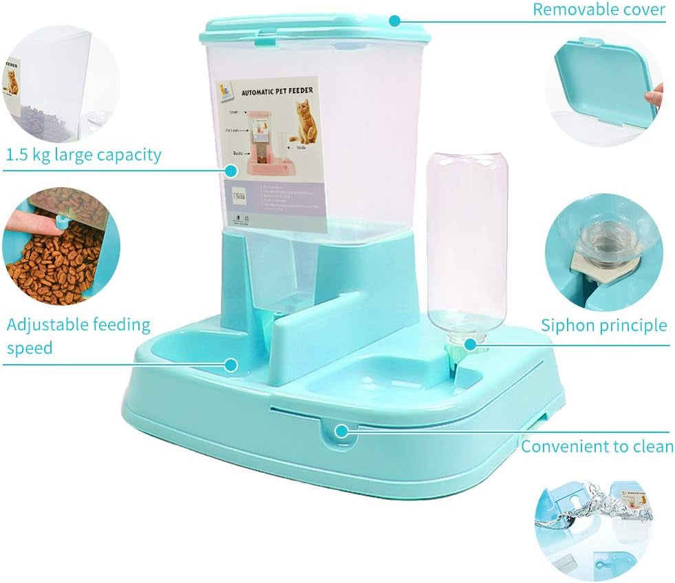 2-In-1 Pet Automatic Feeder Dog Food Water Dispensers with Large Capacity Food Container Gravity Water Bottle (Blue)