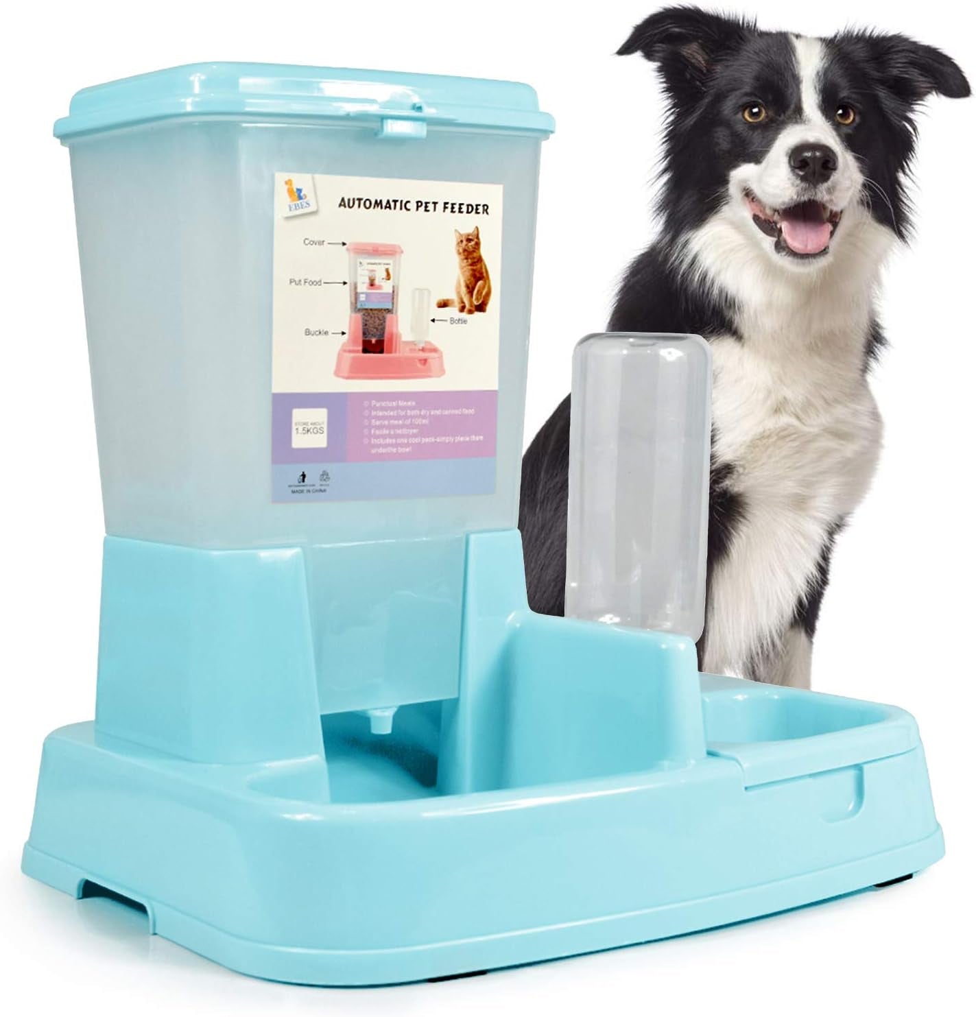 2-In-1 Pet Automatic Feeder Dog Food Water Dispensers with Large Capacity Food Container Gravity Water Bottle (Blue)